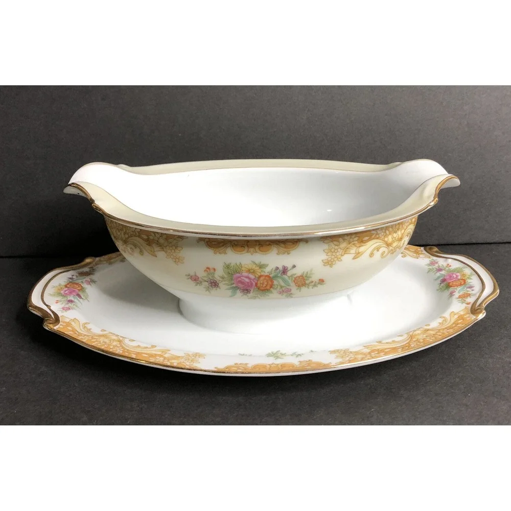 Noritake Morimura M Mark Gravy Boat Gold Edge Multicolor Roses Flowers 1930s